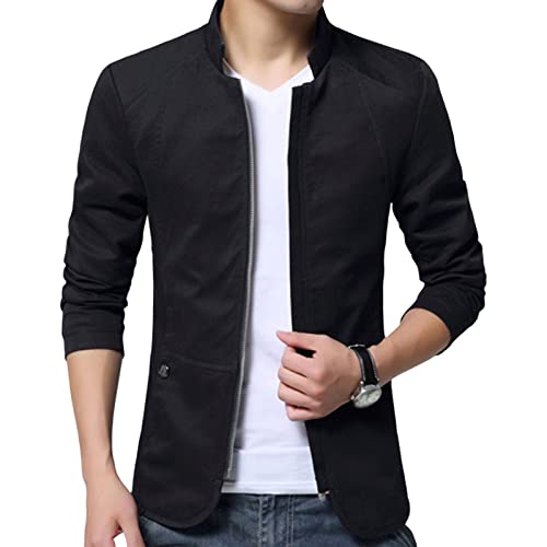 Maiyifu-GJ Men's Casual Zipper Stand Collar Jacket Lightweight Cotton Full Zip Coat Slim Fit Vintage Business Jackets (Black,X-Large)