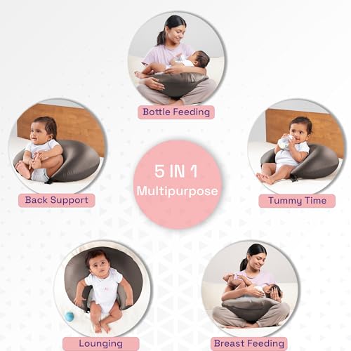 Image of Wakefit Feeding Pillow for New Born Baby | 3 Months Warranty | 5 in 1 Nursing Pillow with Belt and Hoop for Breastfeeding with Velvet Removable Cover | Charcoal Grey