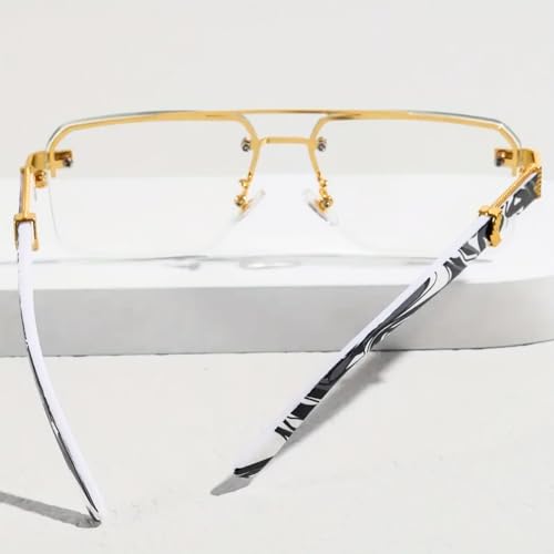 Image of Men Women Designer Rimless Gold Frame Gray Marble Arm 90s Old School Rectangle Frameless Retro Trendy Cool Hip Hop Fashion Square Eye Glasses Clear Tint Glasses