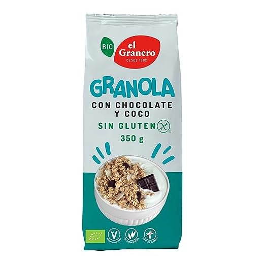 El Granero Integral - Granola con Chocolate y Coco sin Gluten BIO - 350 g - Fuente de Fibra y Nutrientes Esenciales - Mejora la Salud Intestinal - Ideal para el Desayuno - Apto para Veganos