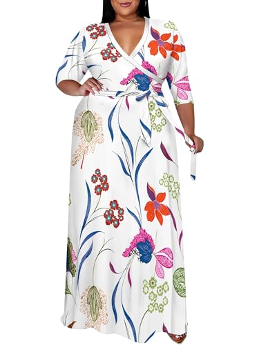 Image of PinkPatty Women's Plus Size Maxi Dress Print 3 /4 Sleeves V Neck Party Sundress Wedding Guest Dresses