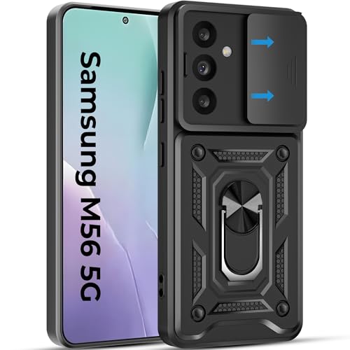 Image of A rtistque Armor Bumper Back Case Cover for Samsung Galaxy M56 5G / F56 5G | Stylish Ring Holder & Inbuilt Stand | Sliding Camera Cover | Shockproof TPU | Samsung M56 & F56 Back Cover - Black