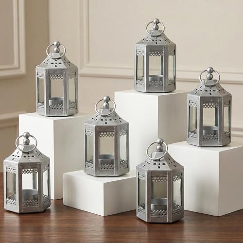 Image of Vela Lanterns Metal Tealight Mini Candle Lanterns, Silver, Set of 6