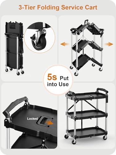 Foldable Utility Cart with Wheels, 3-Tier Holds 240lbs - No Assembly Required (for Home, Office, Garage, Warehouse)