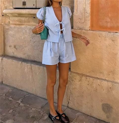 Image of Thopavenoir Women 2 Piece Casual Lounge Sets Y2k Puff Sleeve Peplum Shirt Tie Front Tee Shirt Shorts 2pcs Pajamas Sets