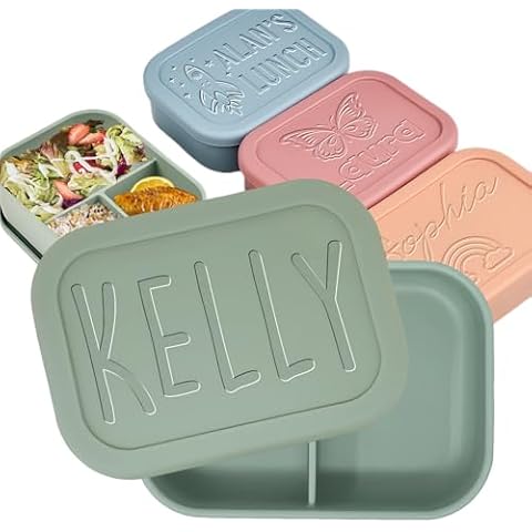 xrlsg Personalized Bento Box Custom Silicone Lunch Box Engrave Name Lunch Containers with 3 Compartment for Work Travel Microwave Freezer Dishwasher Safe Cover