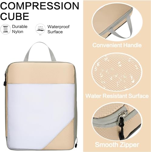 Image of House of Quirk Polyester Compression Packing Cubes for Travel, 4 Set Organizer Compressible Essentials (Beige)