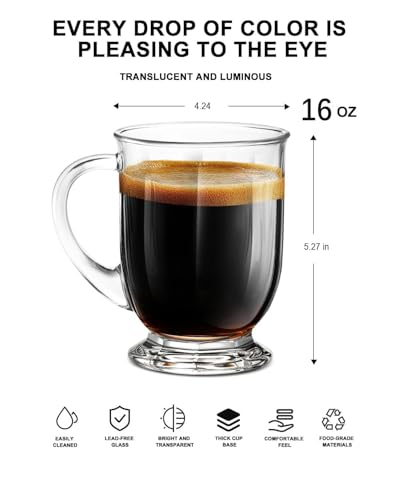 Clear Glass Coffee Mugs Set of 4, Diner Mugs16 OZ, Large Glass Beer Cups with Handle,Bottom Nine-Sided Mug for Men and Women Hot Beverages,Tea, Cappuccino, Latte, Espresso, Juice Mothers‼️one missing‼️