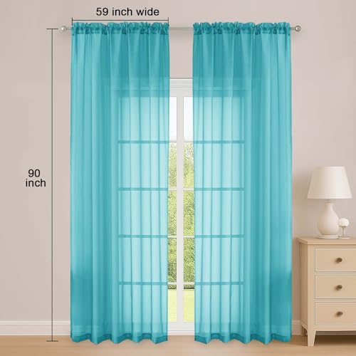 Image of OWENIE Turquoise Sheer Curtain 90 Inches Long 2 Panels Set, Solid Filmy Drapes for Living Room Bedroom, Elegant Window Voile Sheer Curtain Panels Drapes, 2 Pcs, Each 59 inch Wx90 L Inch