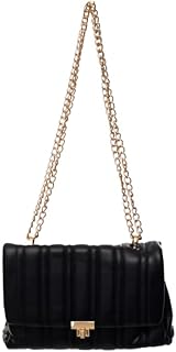 شنطة كروس مبطنة مقسمة للنساء من الجلد الصناعي مع حزام كتف سلسلة للاستخدام اليومي - اسود