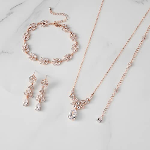 Sweetv Teardrop Wedding Bridal Jewelry Set For Brides Women Bridesmaid, Crystal Rhinestone Backdrop Necklace Earring Sets For Prom (Rose Gold Necklace Earrinags Bracelet) #TOP4