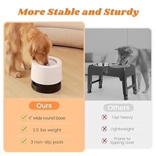 Pawque Raised 95oz Slow Drinking Dog Water Bowl No Spill for Medium Large Breed, Single Elevated Stainless Steel Water Bowl with Floating Disc, Stable Sturdy Base and Snap on Adjustable Height Stand