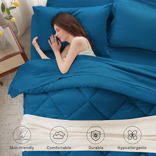 Anluoer Queen Comforter Set,Teal Bed in a Bag 7 Piece,Lightweight Bedding Set with Soft Down Alternative Fill,Bed Set Includes Comforter, Fitted Sheet, Flat Sheet,Pillowcases and Shams