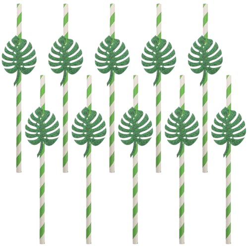 Pitillos de papel verdes con diseño de hoja de Monstera, pack 10 unidades miniatura 1