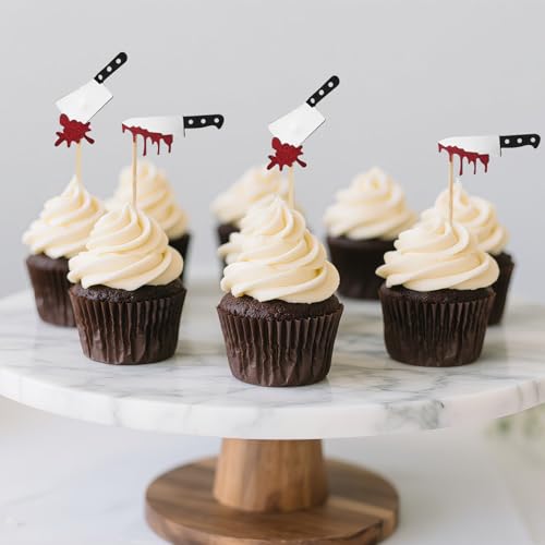 24pcs Halloween Cupcake Toppers, Glitter Horror Blood Knife Cupcake Picks Scary Killer Birthday Decorations for Themed Party Supplies - Image 3