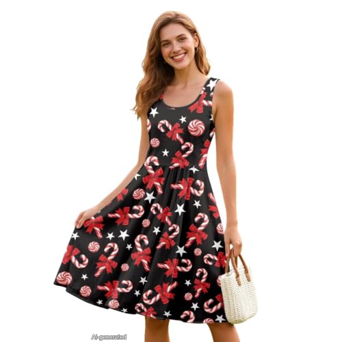 Image of Women Stylish Tank Dresses Sleeveless Round Neck Midi Casual Dress with Pocket for Summer