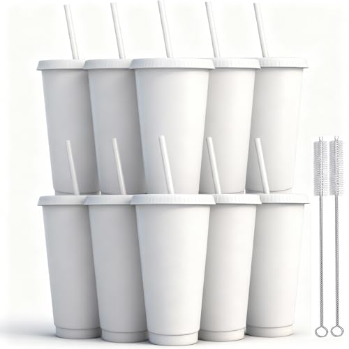 Yisituo 710ml Reusable Plastic Cups, 10 Pack Cold Cups with Lid and Straw, Tumblers Travel Mugs for Adults and Madam Party and Beach, Pool Gatherings (10, White)