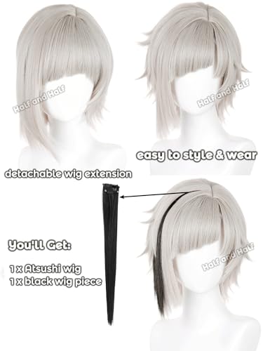 Image of Half and Half Atsushi Cosplay Wig Short Light Gray Blonde Anime Wigs for Men Platinum Blonde Wig with Bangs + Black Hairpiece for Halloween Party Daily Women Unisex