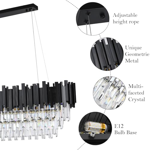 Black Crystal Chandelier 40 In Modern Linear 11 Light 3-Tier Transparent Crystal Design, Farmhouse Ceiling Fixture for Dining Room & Kitchen Island, Black Frame Chandeliers Lighting for Large Tables by Kinjiemin - Image 7