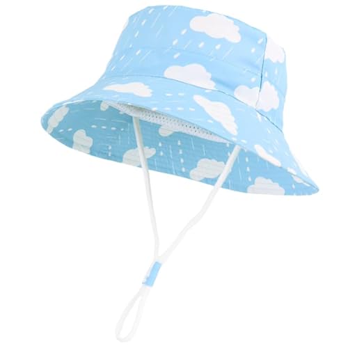 Sun Protection Hat for Kids Toddler Boys Girls Wide Brim Summer Outdoor hat Baby Bucket Hat with Chin Strap(Blue Cloud 50CM (1-2T))