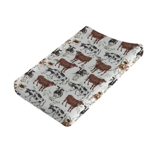 Image of Farm Cows Boho Leaves Changing Pad Cover Watercolor Cows Green Leaves Baby Diaper Changing Pad Cover for Boys Girls Soft Breathable Stretch Fitted Baby Changing Pad Covers 32''x16''
