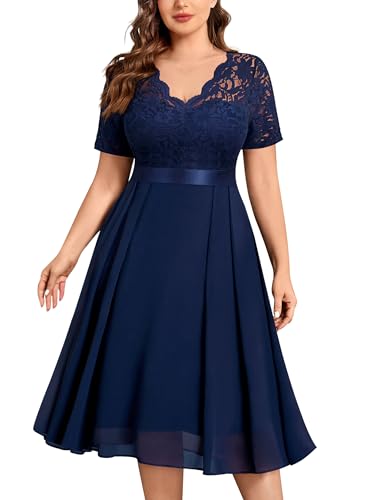 MISSMAY Women's Plus Size Lace Contrast Chiffon V Neck Flowy Cocktail Wedding Guest Midi Dress
