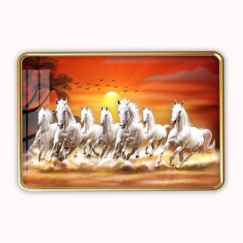 Image of 7 Running Horses Photo Frame, Ultra High Gloss Lamination, Vastu Painting for Living Room, Office, 12x18 Inch (Design 1)