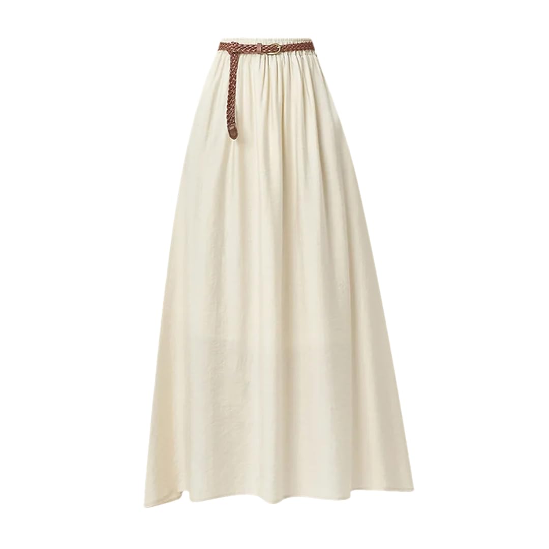 Women Cotton Linen Midi Umbrella Skirt High Waist Solid Pleated Loose Office A-Line Long Skirts