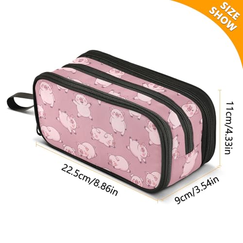 Image of Pigs Pink Background Pencil Case 3 Compartment Pen Bag Pouch Holder Box School Portable Stationery Storage Bag for Girls Boys
