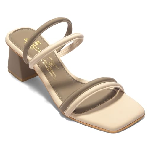 Image of Liberty Senorita STY-162E Heels for Women - Beige Block Heel Slip-On Sandals | Soft Cushioned Footbed, Lightweight Fashion Footwear for Festive, Party, Wedding, Ethnic, College