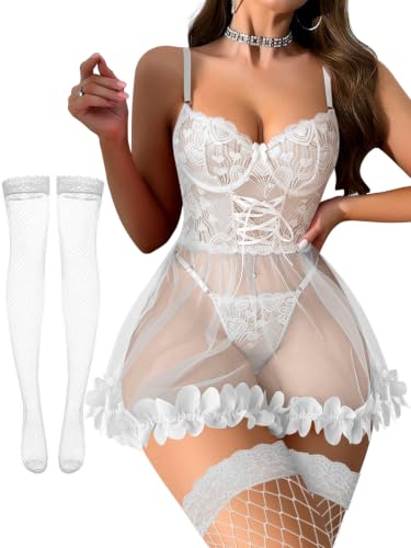 Image of Foxiny Sexy Ruffle Floral Skirt Underwire Mesh Sheer Lace Babydoll Lingerie Dress with Thong 2 Piece