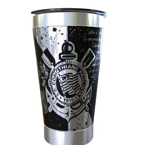 Copo T&eacute;rmico Corinthians, 473ml, Preto, Tampa com Grava&ccedil;&atilde;o a Laser
