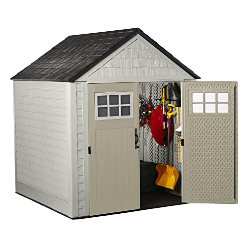 Rubbermaid 7X7 Ft Durable Weatherproof Resin Outdoor Storage Shed For Garden Tool And Lawn Machinery Organization, Sandstone (2 Pack) #TOP4