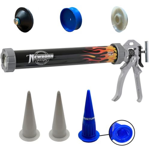 Image of Newborn 620-AL Smooth Rod Caulking Gun, 10 and 20 Ounce Sausage Packs, 24 Ounce Bulk, 8-1 /2 inch and 10 inch Cartridges, 18:1 Thrust Ratio, Flame Design