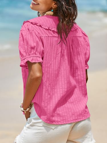Image of Tankaneo Womens Puff Sleeve Shirts Peter Pan Collar Button Down Cotton Blouse Casual Summer Textured Tops
