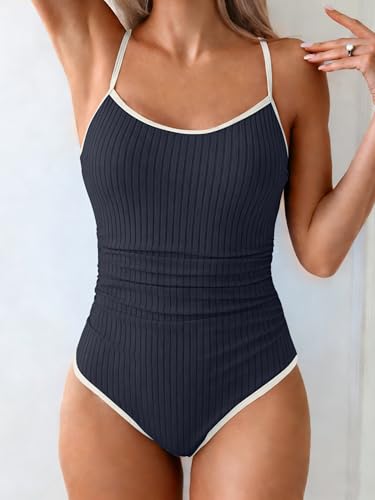 Image of Eomenie Women's One Piece Swimsuit Tummy Control Slimming Bathing Suit Color Block Spaghetti Strap 1 Piece Swim Suit Swimwear