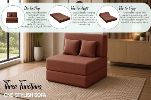 Image of Sofa Cum Bed with Jute Fabric, Convertible One Seater Sofa Bed 3x6 Ft, Comfortable Cushioned Seating, Space Saving Design for Living Room, Bedroom & Guest Room - Brown Color