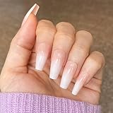 NOVO OVO Long Coffin Ombre Nude Gradient White Pink French Tip Extra Thick Fake False Press On Nails