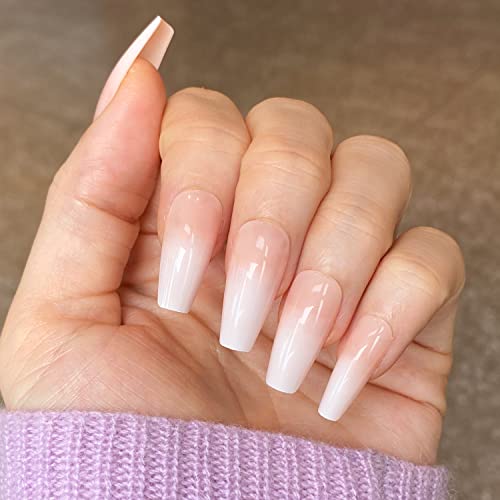 Novo Ovo Long Coffin Ombre Nude Gradient White Pink French Tip Extra Thick Fake False Press On Nails Milk Cap Stick On Ballerina Kit With Glue For Christmas Mother‘s Valentine's Day Spring #TOP20