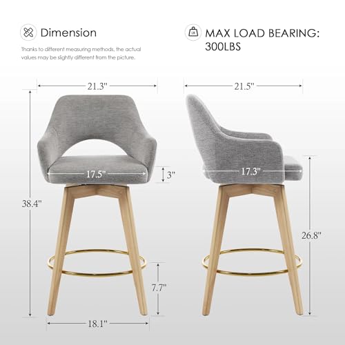 Image of Zesthouse Swivel Counter Stools Set of 4, Wooden Counter Height Bar Stools with Back & Arm, Upholstered Linen Fabric Barstools with Solid Wood Leg & Gold Footrest, Grey High Chairs for Kitchen Island