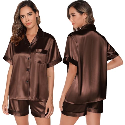 GAESHOW Damen Schlafanzug Set, Satin Pyjamas Damen mit Knopfleiste, Kurzarm und Shorts Zweiteiliger, V-Ausschnitt Seide Hausanzug, Loungewear für...