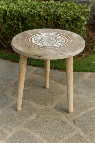 Image of Three-Legged Wood Table A Contemporary Round Coffee Table and Side Table with Pillars for Natural Plants, Books, and Magazines in Compact Spaces (Natural)