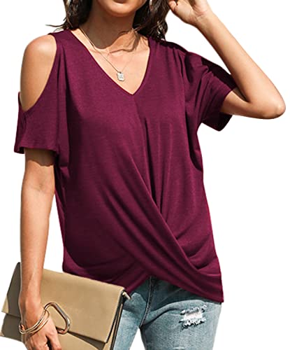 Yeahill Womens Summer Tshirts V Neck Cold Shoulder Tunic Tops Blouse Shirts Front Twist Knot(Wine Red,S)
