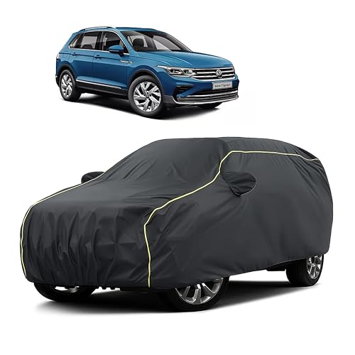Image of Sulfar 100% Water Resistant Car Body Cover Compatible with Mirror for Volkswagen Tiguan (Triple Stitched, Full Bottom Elastic, Dark Grey Taffeta with Yellow Piping)