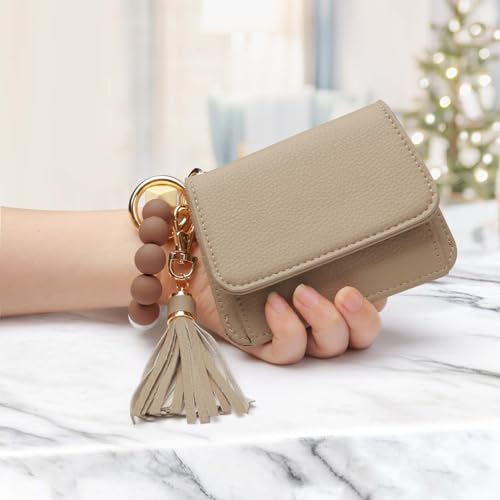 Image of Keychain Wallet for Women,RFID Wristlet Wallet with Beaded Strap | Tri-Fold Design,6 Card Slots,ID Window,Zipper Coin Pocket,Lightweight Carry
