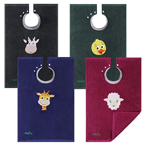 MATZ Full Coverage Ultra Absorbent Cotton Terry Towel Snap On Bib with Comfortable Ribbed Neck with animal embroidery (Charcoal, dark green, plum & navy 4 pack snap on bib)