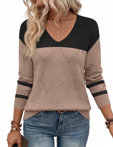 Image of Zeagoo Womens Sweaters Fall Trendy Casual Long Sleeve Shirt Lightweight V Neck Off Shoulder Crochet Pullover Top Outfit