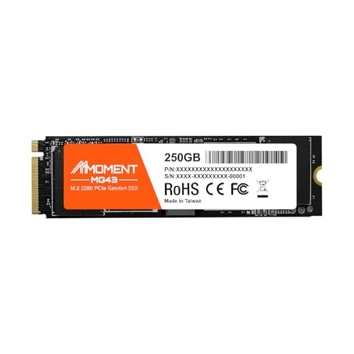 Image of MMOMENT MG43 250GB M.2 2280 PCIe Gen4 NVMe 1.4 Internal SSD, Read Up to 5000MB /s, Write up to 4500MB /s, Storage for PC, Laptops, Gaming