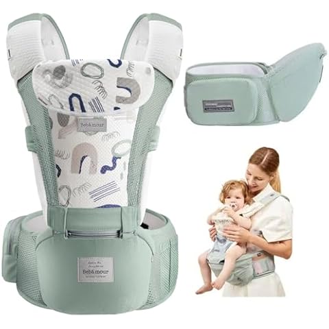 Bebamour Baby Carrier Newborn to Toddler-2 in 1 Hip Seat & Carrier Front and Back Carry with Head Hood & 3 Pieces Teething Pads& Waist Extenders & Storage Bag 0-36 Months (Green) Cover