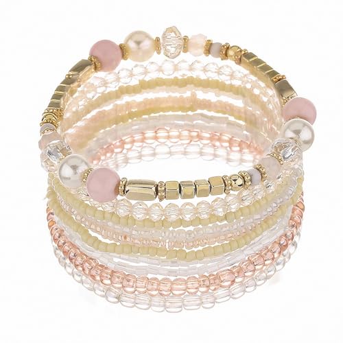APMGONT Bohemian Beaded Multi-Layer Armbänder Set - Stackable Stretch Strand Crystal Bangles - Boho Handmade Schmuck Geschenke für Frauen Mädchen (Beige)